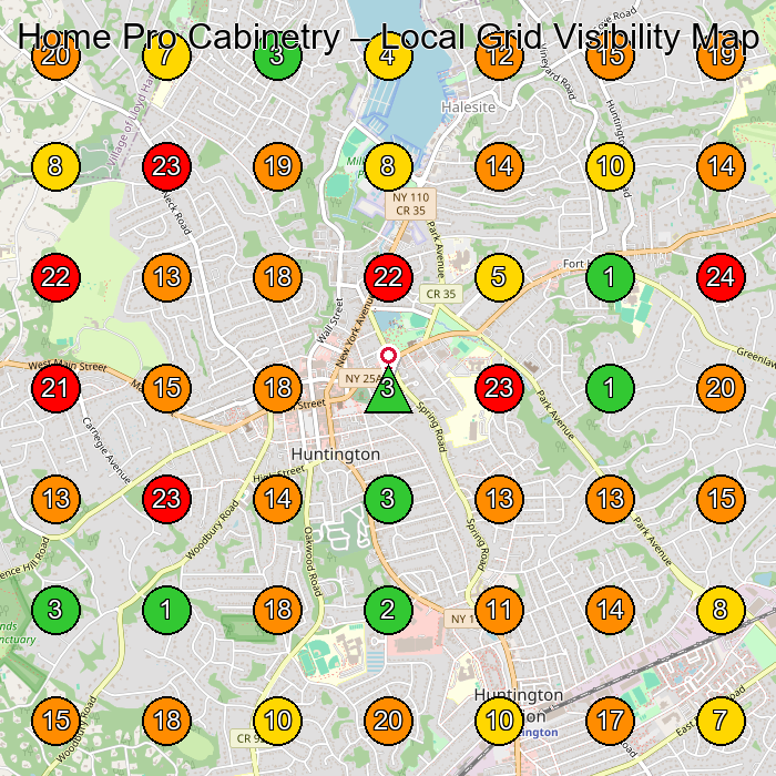 Home Pro Cabinetry Kitchen Remodeler GeoGrid ranking map for Huntington NY